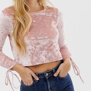 Brave Soul crushed velvet ruche sleeve top in pink